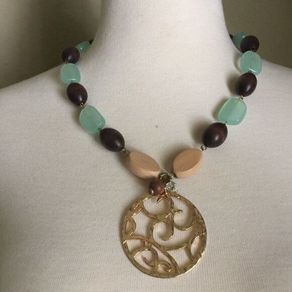 Necklace Wood and Stone‎ w/Gold Brown and Green - Picture 7 of 7